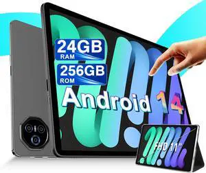 2025 Lastest 11 inch Tablet, Android 14 Tablets with 24GB RAM+256GB ROM(2TB TF), Octa-Core 2.0GHz, 8000mAh Battery, (13+5)MP Camera, Supports Widevine L1, 5G WIFI, GPS, BT5.0, Tablet with Case -Gray