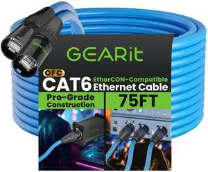 GEARit Shielded CAT6 Ethercon Cable (75 Feet) Professional Audio & Lighting RJ45 EtherCON-Compatible Cable for Studio, Stage, Concerts - 75ft Blue