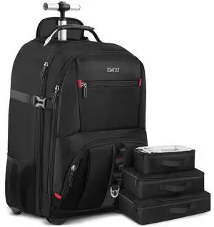 ZOMFELT Rolling Backpack, Travel Backpack with Wheels, Carry on Backpacks with 3 Packing Cubes, 17.3 Inch Wheeled Laptop Backpack for Men Women Adults to Travel Work Business Black