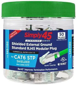 Simply45 Shielded External Ground Cat6/6a RJ45 Modular Plugs with Bar45 Load Bar - Green Tint, 3 Prong Pin Design - 50-Pieces/Jar - S45-1150