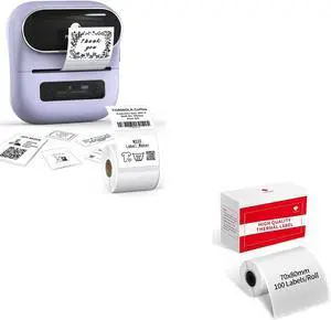 Phomemo M220 Label Maker Purple & 1 Roll Transparent Thermal Label 2.76" x 3.15"(70x80mm), Upgrade 3 Inch Barcode Portable Printer, for Office & Small Business, Compatible with Phones&PC