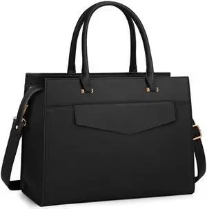 Laptop Bag for Women 15.6 inch Leather Tote Bag 2pcs Set Professional Work Bag with Clutch Purse Large Office Computer Tote Teacher Purse Shoulder Bag, Black
