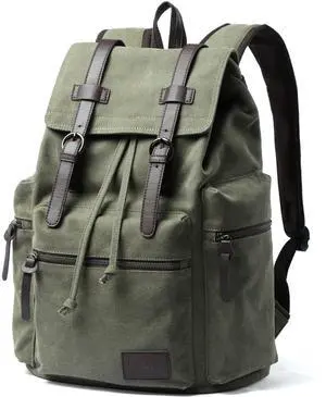 MOYYI Vintage Canvas Backpack for Men Olive Green Rucksack Fit 15.6 inch Laptop Large Retro Flap Daypack for Casual Hiking Travel Commute