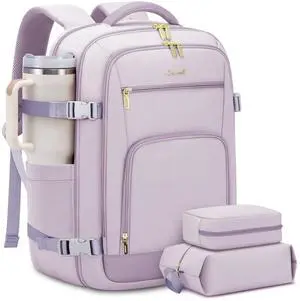 LOVEVOOK Travel Backpack For Women, 40L Carry On Backpack Flight Approved, TSA Personal Item Travel Bag Fits 17 Inch Laptop, Business Weekender Overnight Waterproof Daypack With 2 Cubes, Light Purple