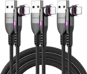Statik 3 Pack 3FT/1M 360 Degree Rotating Right Angle USB A to iPhone Compatible Charging Cable & Data Transfer Cable for iPhone, iPad, MacBook, PC, Laptop, Smartphone, Tablet