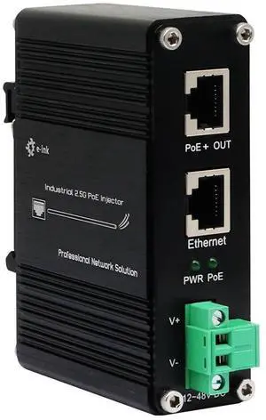 E-link Hardened Industrial 2.5G PoE+ Injector, 12~48V Input PoE+ Adapter, IEEE802.3af/at 30W Output up to 328ft, Din-Rail and Wall-Mount Installation