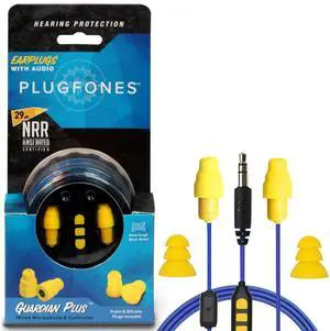 Plugfones Guardian Plus in-Ear Earplug Earbud Hybrid - Noise Reduction in-Ear Headphones with Noise Isolating Mic and Controls (Yellow & Blue)