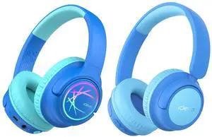 iClever BTH22 & BTH18 Kids Bluetooth Headphones, Safe Volume, Stereo Sound, Adjustalbe Headband, Foldable, Over Ear Kids Headphones Wireless with Mic AUX Cord for iPad/Tablet/Trave/School, Blue
