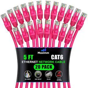 Maximm Cat 6 Ethernet Cable 5 ft (20-Pack) - High-Speed LAN Cable, Internet Cable, Patch Cable, and Network Cable - UTP, 10Gbps, 550MHz Ethernet Cord - Pink