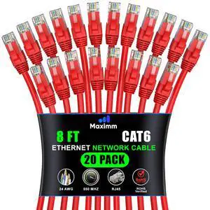 Maximm Cat 6 Ethernet Cable 8 ft (20-Pack) - High-Speed LAN Cable, Internet Cable, Patch Cable, and Network Cable - UTP, 10Gbps, 550MHz Ethernet Cord - Red