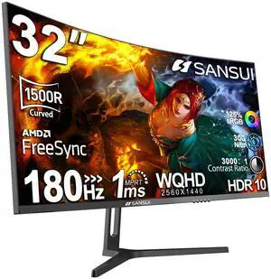SANSUI 32-Inch Curved Gaming Monitor WQHD 2560 x 1440 180Hz Curved 1500R -1ms(OD), HDR, 300nits, sRGB 125%, DCI-P3 95%, FreeSync, HDMI x2, DP1.2x2(ES-G32C3 DP Cable Included)