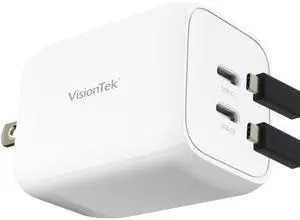 VisionTek GaN II 65W Wall Fast Charger - Dual USBC Port - 2X USB-C - Compatible with MacBook Pro/Air, Ipad, iPhone, Galaxy, Steam Deck, Thinkpad, Dell XPS, Pixel and More - 901536