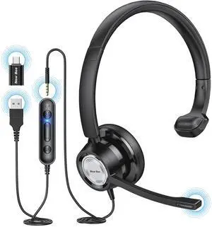 New Bee USB Headset with Noise Cancelling Mic, Single Ear Headset for PC, Call Center, Skype, Zoom, Tablet, Laptop