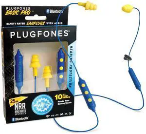 Plugfones Basic Pro Earplug Headphones Wireless Bluetooth in-Ear Earplug Earbuds 25 dB Noise Reduction Rating OSHA Compliant Hearing Protection with Noise Isolating Mic and Controls (Blue & Yellow)