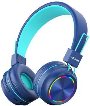 iClever BTH03 Kids Bluetooth Headphones, Colorful LED Lights, 35H Playtime, Bluetooth 5.4, Type C Fast Charging, Safe Volume, Stereo Sound Mic, On Ear Kids Wireless Headphones for iPad Airplane, Blue