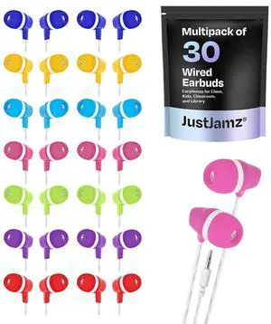 JustJamz 30 Pack Bulk Earbuds  Wired Ear Buds for School and Classroom  Earbuds for Kids Bulk  Class Set Earphones with 3.5mm Jack  Assorted Colors