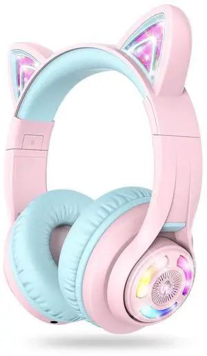 iClever Cat Ear Kids Bluetooth Headphones, LED Lights Up, 74/85dBA Safe Volume Limited, 50H Playtime,Bluetooth 5.2, USB C, Kids Headphones Wireless for Travel iPad Tablet, Meow Macaron Pink