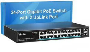 24 Port Gigabit PoE Switch with 2 Uplink Gigabit Ports, VIMIN 26 Port Unmanaged PoE Ethernet Switch with 320W Power, Support IEEE802.3af/at, VLAN, Metal Housing, 19 inch Rack-Mount, Plug and Play