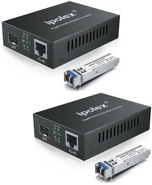 Ipolex Gigabit Single-Mode LC Fiber to Ethernet Media Converter (SFP LX Modules Included),1.25G Fiber Media Converter, 1000Base-LX to 10/100/1000Base-TX, 1310nm, SMF, Transmission up to 20KM, 2 Pack