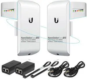 Wireless Bridge Ubiquiti LOCOM5 PRE-CONFIGURED, Bundle of 2 Ubiquiti Nanostation LOCO M5, Point to Point Outdoor WiFi Bridge, Plugh and Play, 5GHz, 150+Mbps, 10+km Link Range, Network Bridge.