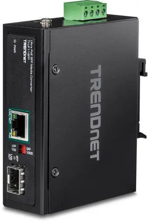 TRENDnet Hardened Industrial SFP to Gigabit UPoE Media Converter, IP30 Rated Housing, Includes DIN-Rail & Wall Mounts, Operating Temp. -40 to 75 °C (-40 to 167 °F), TI-UF11SFP, Black