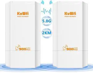 KuWFi 5.8G Wireless Network Ethernet Bridge, Long Range Transmission WiFi Access Point Outdoor AP CPE Kit IP65 Waterproof Point to Point WiFi Bridge for Extend starlink Router Signal 2-Packs