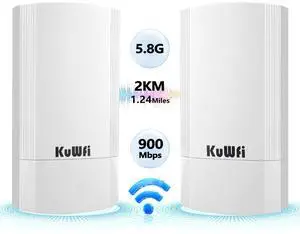 KuWFi 5.8G Point to Point Outdoor WiFi Bridge,900Mbps Network Wireless Ethernet Bridge,2KM/1.24 Miles P2P Wireless Bridge CPE Kit IP65 Waterproof for Extend starlink Router Signal