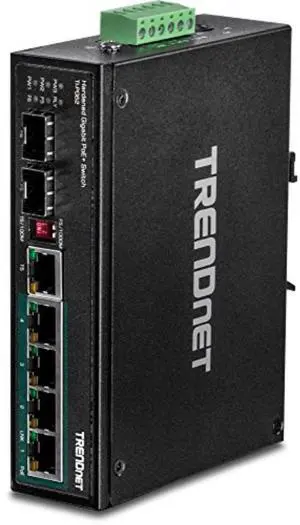 TRENDnet 6-Port Hardened Industrial Gigabit PoE+ DIN-Rail Switch, 4 x Gigabit PoE+ Ports, Shared Gigabit Port (RJ-45/SFP), Dedicated SFP, 120W Power Budget, IP30, Lifetime Protection, Black, TI-PG62