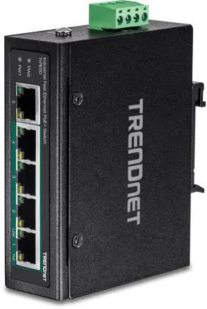 TRENDnet 5-Port Industrial Unmanaged Fast Ethernet PoE+ DIN-Rail Switch, TI-PE50, 200W Power Budget, IP50 Rated, NDAA TAA Compliant, Lifetime Protection