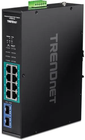 TRENDnet 10-Port Industrial Gigabit PoE+ Switch, WideTemperature Range -20°  65°C (-4°  149°F), DIN Rail Switch, 50-55V DC, 8 x Gigabit PoE+ Ports, 2 x Gigabit SFP Slots, TI-PGM102, Black