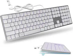White Aluminum Backlit Keyboard for Apple Mac OS,Plug-N-Play, USB-A/USB-C Wired Keyboard with Numeric Keypad for iMac/Mac mini or MacBook Laptop