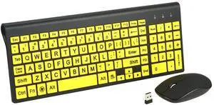 FONICER Full Size Large Print 2.4g Wireless Keyboard and Mouse with Oversized Print for Kids Visually Impaired Low Vision Individuals (Yellow)