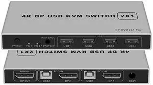 2 Port Displayport KVM Switch 4K@60Hz, BolAAzuL Dual-Port Displayport DP 1.2 KVM Switcher 2X1 4KX2K@60Hz 2K(2560X1440)@144Hz Supports USB DP 2 in 1 Out