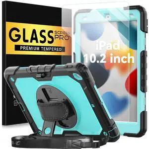 BLOSOMEET Case for iPad 9th/8th Generation 2021/2020 10.2 Inch with Tempered Glass Screen Protector & Pencil Holder,Rugged Kids iPad 7th Gen 10.2 Case 2019 Cover w/Stand Hand Shoulder Strap,SkyBlue