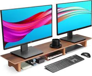 Aothia Large Dual Monitor Stand Riser, Solid Wood Desk Shelf with Eco Cork Legs for Laptop Computer/TV/PC/Printers, Perfect Desktop Stands Organizer with Underneath Storage for Office Accessories