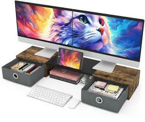 WESTREE Dual Monitor Stand Riser with Two Drawers, Extra Large Storage for 2 Monitors, Desktop Oraganizer Computer,Laptop,Screen,Printer,TV