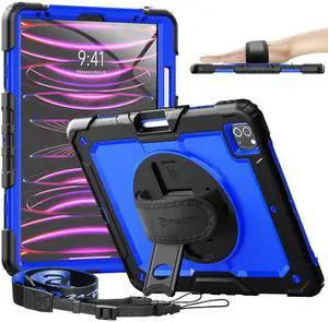 Timecity iPad Pro 12.9 Case 6th/5th/4th/3rd Gen, 360° Rotating Stand, Pencil Holder & Wireless Charging, Shockproof with Screen Protector & Shoulder Strap - for Designers & Professionals - Dark Blue