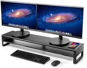 Vaydeer 2 Tiers Dual Monitor Stand Aluminum Monitor Riser with Wireless Charging and 4 USB 3.0 Hub Ports Metal Strong&Sturdy for PC Monitor Laptop Computer TV Printer Space Saving Desk Organizer