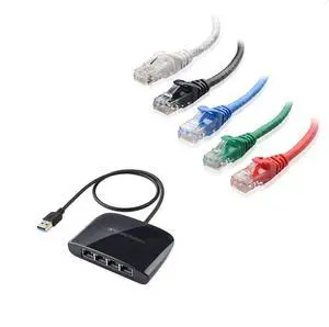 Cable Matters 5-Color Combo Snagless Short Cat6 Ethernet Cable 3 ft & USB 3.1 to 4-Port Gigabit Ethernet Switch (USB to Gigabit Ethernet Adapter)
