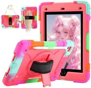 for iPad 6th Generation/iPad 5th Gen/iPad Air 2/iPad Pro 9.7" Case with Cute Key Chain, Rugged Protective Case with Rotating Stand & Shoulder Hand Strap for iPad 6th/5th/ Air 2 (Rainbow Rose)