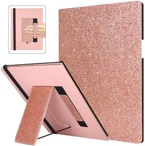 Caweet Stand Case for Remarkable Paper Pro 11.8 Inch 2024, Hard Back Shell Protective Auto Sleep/Wake Book Folio Cover with Pen Holder and Hand Strap, Glitter Rose Gold