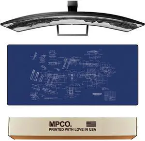 MPCO. Blueprints Large Gaming Desk Pad - 36" x 17" Duraglyde Fabric Browning 1911  Blue Desk Mats - Non-Slip, Washable, Smooth Glide for Precision Gaming & Work