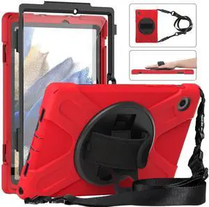 GooodiDEAR Case for Samsung Galaxy Tab A8, SM-X200/X205 Shockproof Case 10.5, 360 Rotate Stand Hand Strap Shoulder Strap Pencil Holder Protective Cover Galaxy Tab A8, Tablet Case 2021/2022, Red
