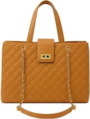 Quilted Laptop Bag for Women, 15.6 inch PU Leather Shoulder Purse Tote Business Office Messenger Casual Handbag (Tan)