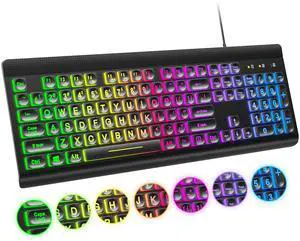 Atelus Large Print Backlit Keyboard, USB Wired Computer Keyboard, Full Size Keyboard with Rainbow Illuminated LED Compatible for Windows Desktop, Laptop, PC, Gaming, Black