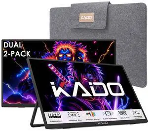 Kado Dual Portable Monitor Setup - 2-Pack 15.6'' FHD 1080p Triple Monitor Extender for Laptop and Desktop PC, USB-C HDMI Gaming Office Ultra-Slim IPS Display, 180° Kickstand Built-in Speakers