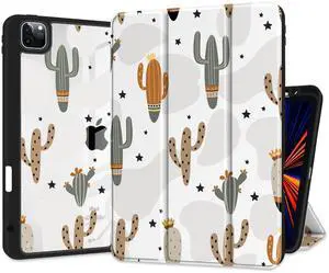 Yebiseven Case for iPad 10.2 inch 9th/8th/7th Generation, Smart Tablet Case for iPad 10.2" 2021/2020/2019, Hard Clear Acrylic Back Shell with Pencil Holder + Auto Wake/Sleep, Cute Cactus