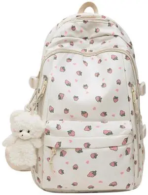 MININAI Cute Floral Printed Backpack for Women Preppy Kawaii Aesthetic Laptop Bookbag Coquette Work Travel College Daypack (Strawberry)