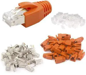 VCE RJ45 Connectors CAT7/CAT6A UL-Listed 30-Pack, Shielded Modular Plugs Gold Plated Network Ends Non-Pass-Thru with Strain Relief Boots - Orange