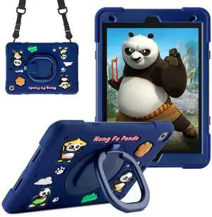 YVYI Case for iPad 9th/8th/7th Generation, iPad 10.2 Inch 2021/2020/2019, Funny Cartoon Silicone 3D Panda Design Kids Case Heavy Duty Protection with Stand/Pencil Holder/Shoulder Strap (Navy)